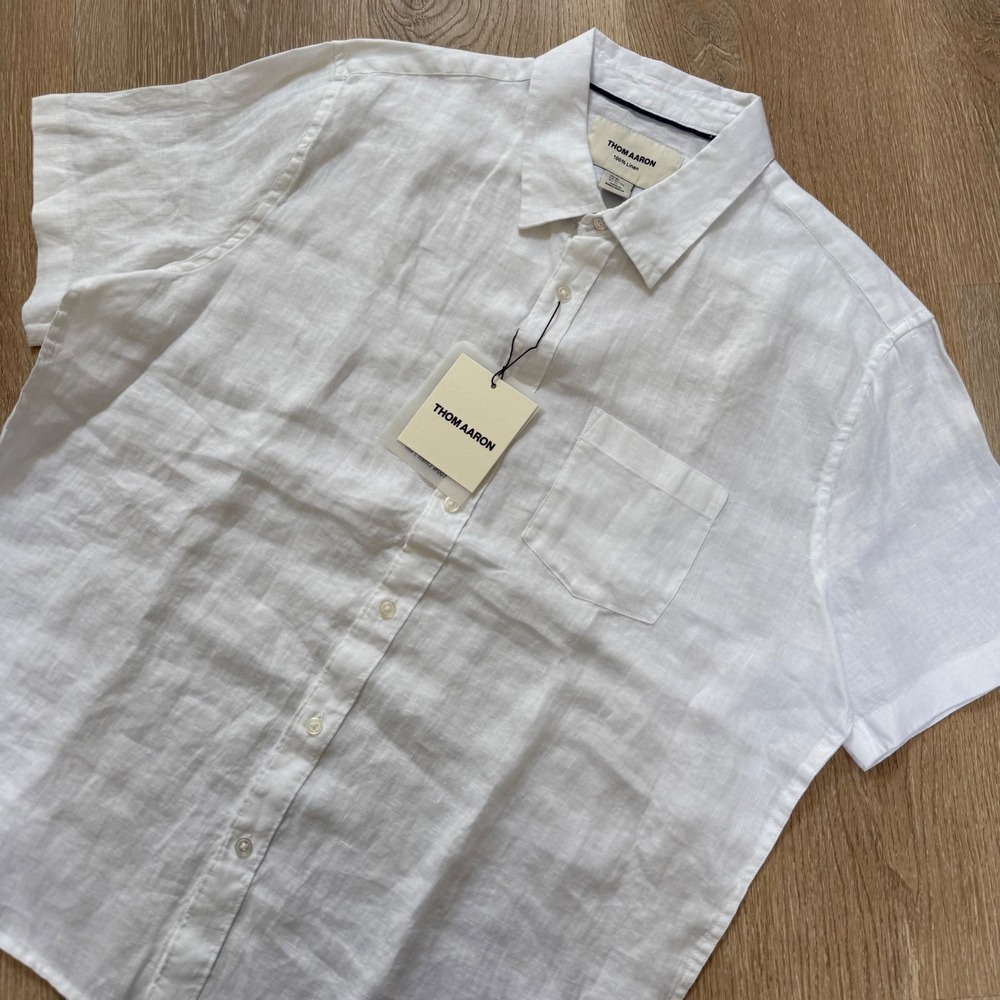 Thom Aaron 100% Linen Short Sleeve Button Down Men XL White Pocket Shirt NWT